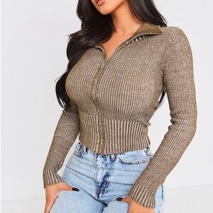PrettyLittleThing Brown Ribbed Turtleneck Zippered Sweater